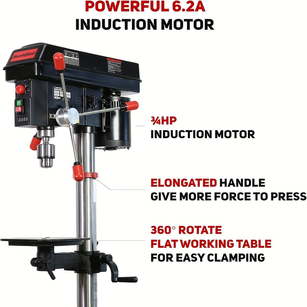 BUCKTOOL 12 INCH 6.2A Professional Bench Drill Press, 3/4HP Powerful Benchtop Drill Press, Variable Speed Drill Press With Work Light