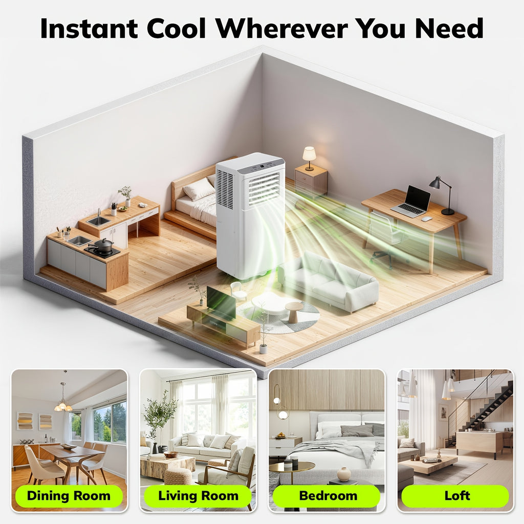 Compact Portable Air Conditioner, Smallest AC Unit with Powerful Cooling, Multi-Speed Fan, Dehumidifier, 24H Timer, Remote Control, Washable Filter & Wheels for Bedroom, Room, Office, Apartment