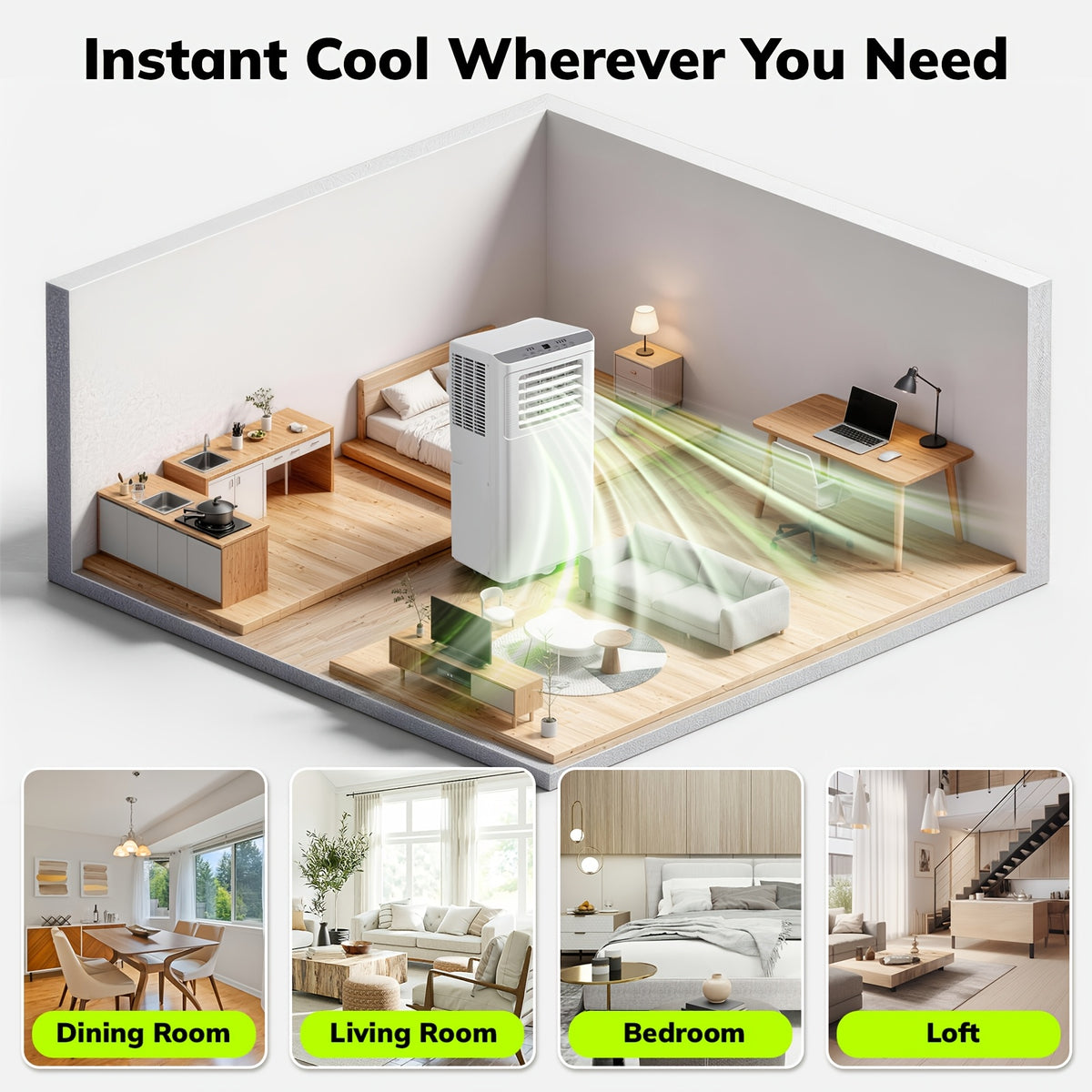 Compact Portable Air Conditioner, Smallest AC Unit with Powerful Cooling, Multi-Speed Fan, Dehumidifier, 24H Timer, Remote Control, Washable Filter & Wheels for Bedroom, Room, Office, Apartment