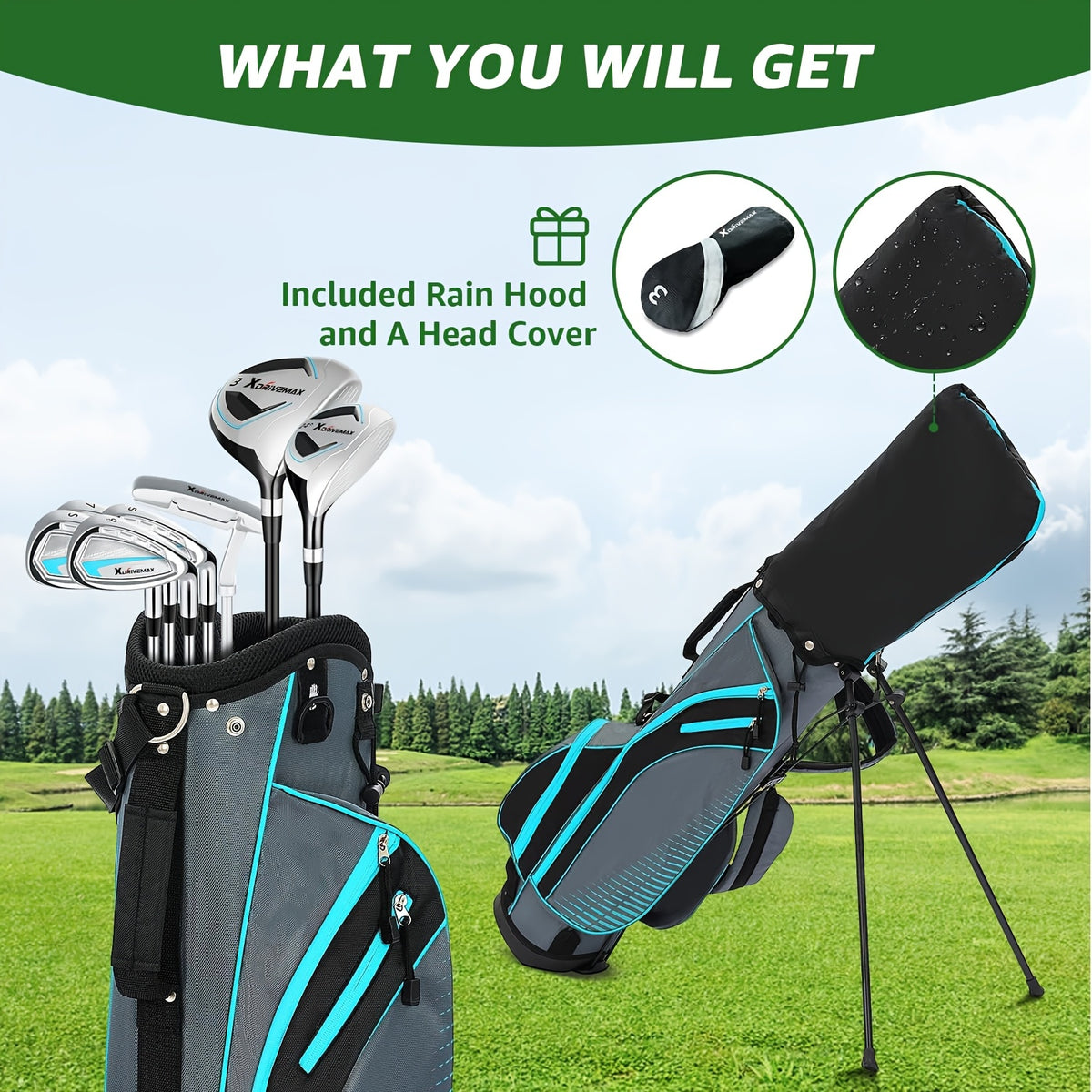 XDriveMax 8pcs Complete Golf Club Set for Men/Women Includes Stand Bag with Rain Hood, Fairway Wood Head Covers, Hybrid, Irons And Putter
