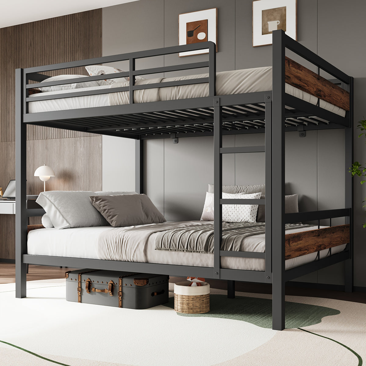 77.5"L Heavy Duty Metal Bed Frame, Twin Over Twin Or Full Over Twin Bunk Bed with Full Length Guardrails And Ladder, Black/Rustic Brown/White Options, Easy Assembly, Suitable for Shared Bedrooms, Bed Frame Without Mattress