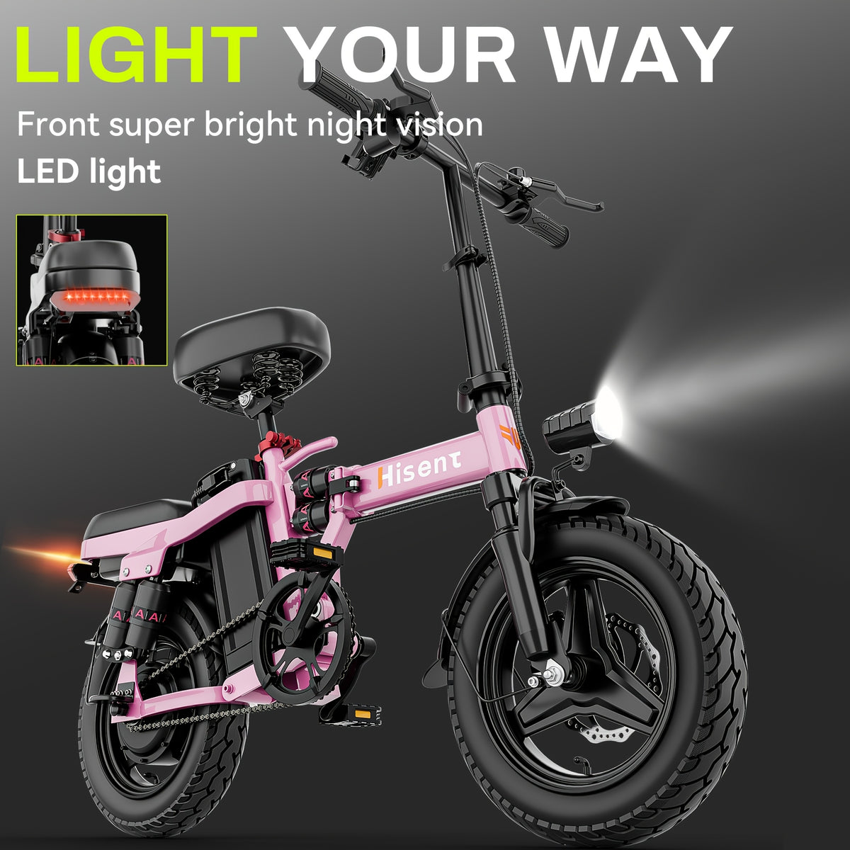 Hisent G11&F9 Folding Electric Bike | Dual Suspension System | Upgraded Frame | 12-35 Miles Range (Optional) | Features Dual Seat, LED Headlight, Disc Brakes, 14-Inch Tires, 500W High-Power Motor, Top Speed Of 19.9 Mph
