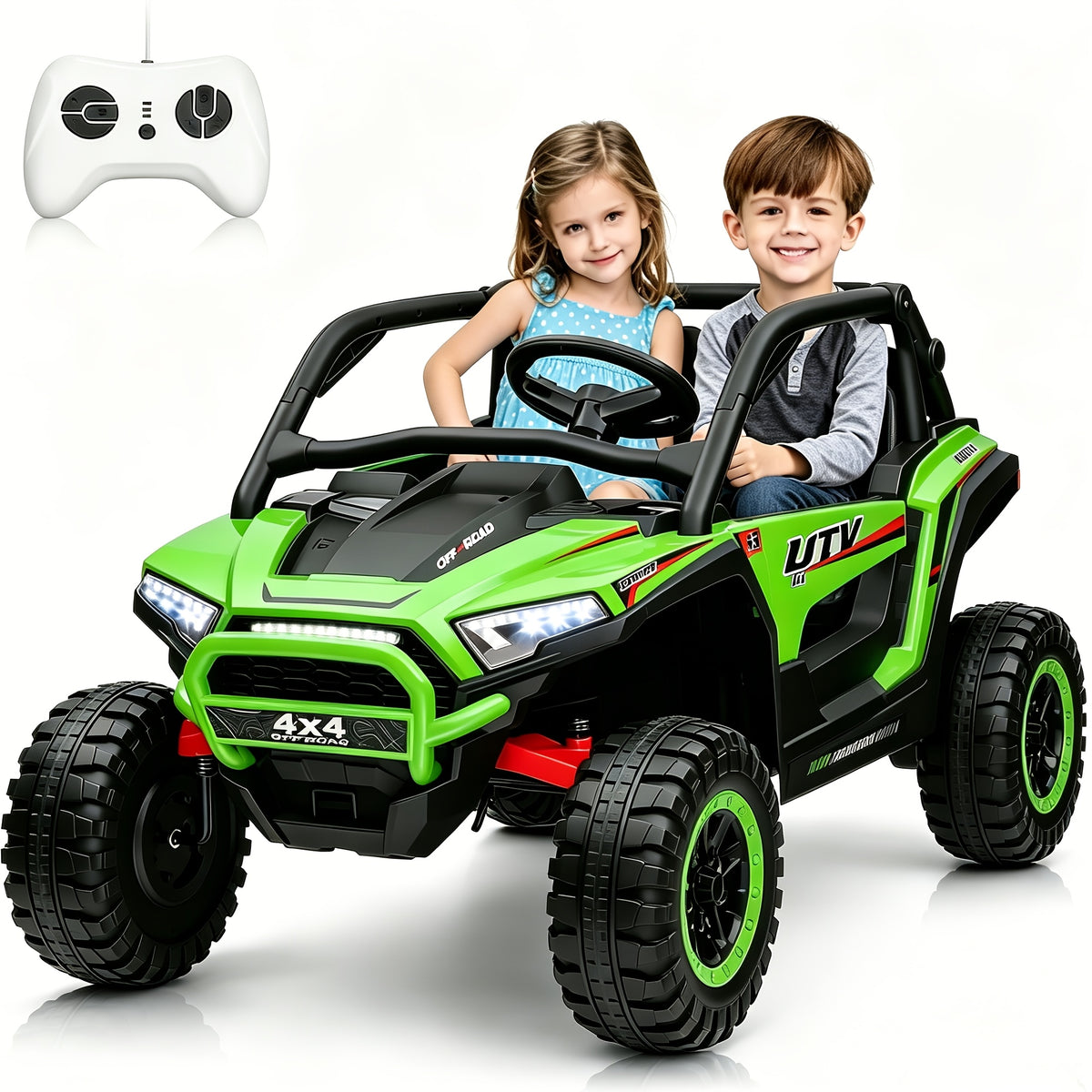 24V Ride-On Car, 2-Seater XL 4X4 Off-Road UTV with Powerful Motors, Remote Control, Music, LED Lights, 20" Wide Seat, 24 Volt Ride-On Toys for Big Kids