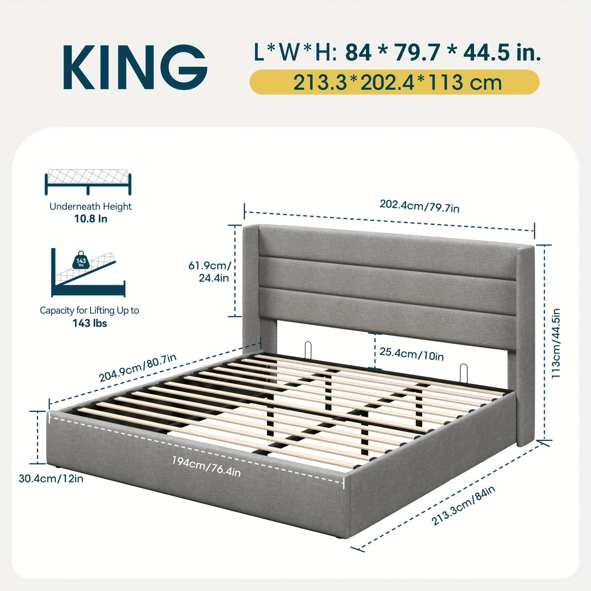 WEEWAY Lift Up Storage Bed, Modern Wingback Upholstered Headboard, Hydraulic Platform Bed, Wooden Slats Support, Heavy Duty Mattress Foundation, No Box Spring Needed, Easy Assembly, Full/Queen/King Size, for House Bedroom Furniture, Free Shipping