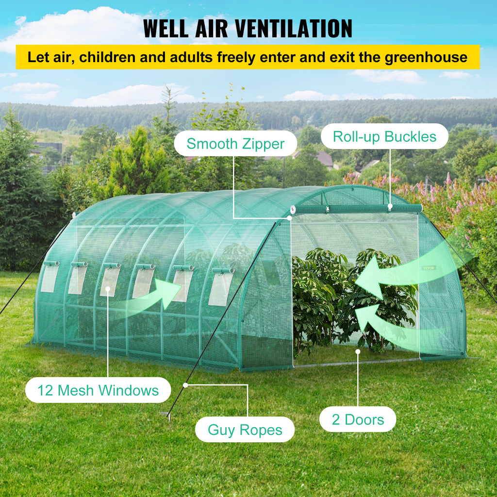 Walk-In Tunnel Greenhouse by VEVOR, 20 x 10 x 7 ft Plant Shelter with 12 Mesh Windows and Two Zippered Doors
