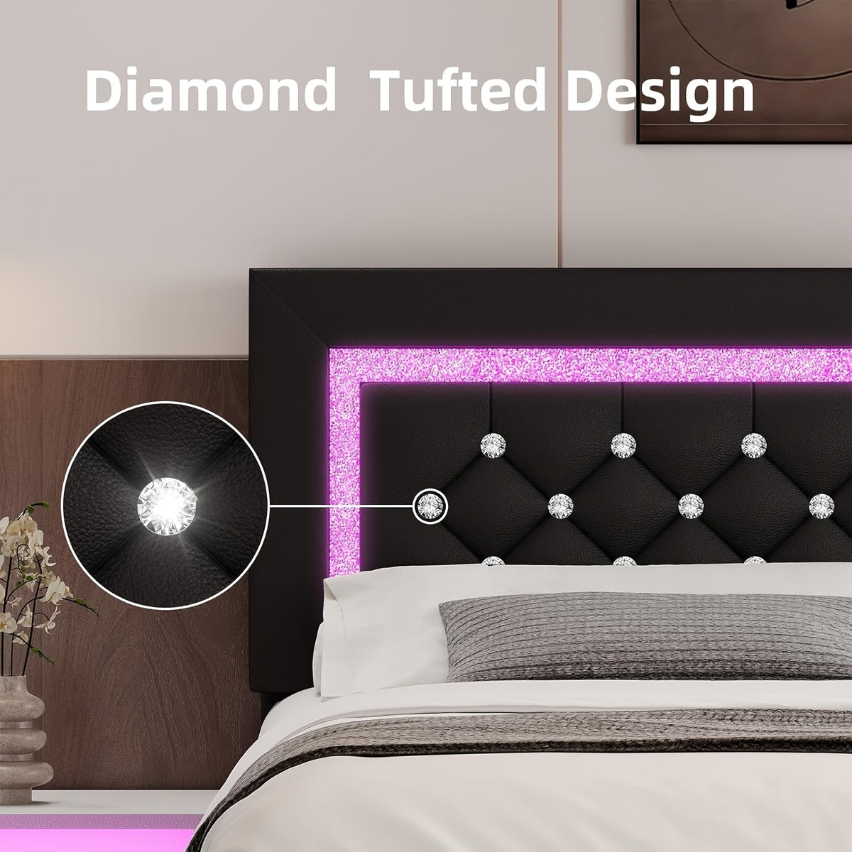 Twin Full Queen Bed Frame with LED Lights, Upholstered Platform Bed with Diamond Tufted Headboard, No Box Spring Needed, Noise Free, Easy Assembly, Black/Pink/White