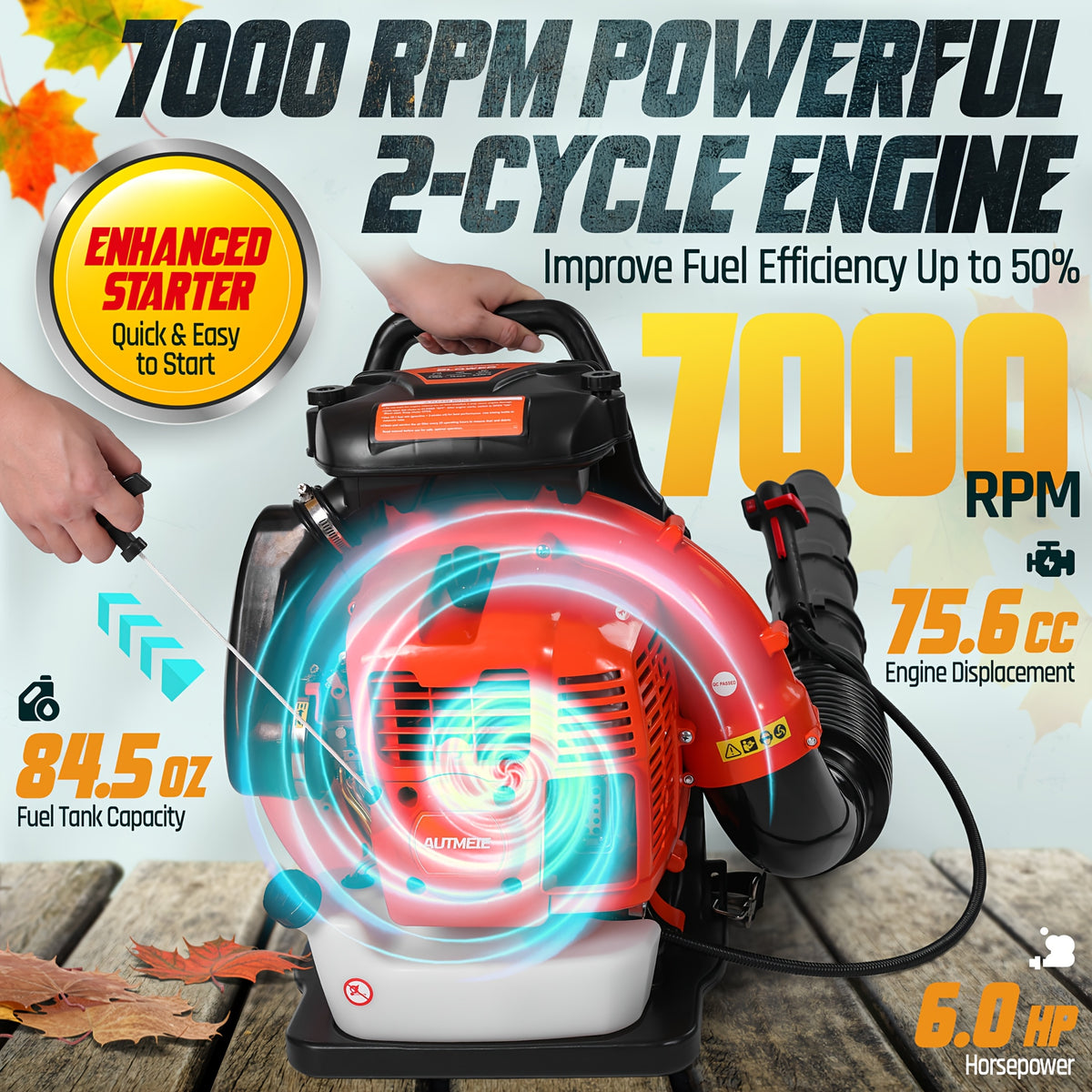 75.6Cc Gas Backpack Leaf Blower 912 CFM 206 MPH 49N, 6.0 HP 2-Cycle Backpack Blowers Gas Powered with Low Vibration, Ergonomic Design, Cruise Control, Commercial-Grade Gas Leaf Blower for Garden Lawn Yard Cleaning, Snow Removal, Gifts for Dad