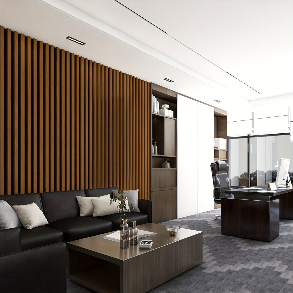 4-Sheet 93" X 12" Textured Wood-Look 3D Wall And Ceiling Tiles Noise Insulating MDF Grille Design, 31 Sq.Ft Coverage with Screws X56