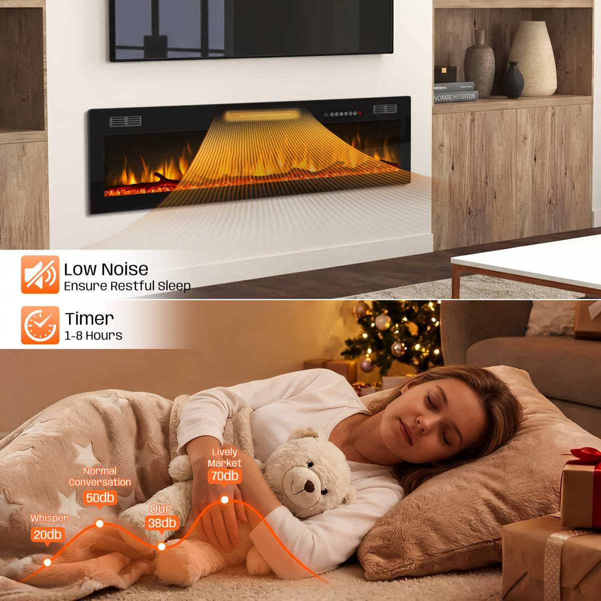 50/60/68/72 Inch Electric Fireplace, Recessed And Wall Mounted Fireplace, Fireplace Heater with Remote Control, Linear, Ultra-Thin Fireplace Heater with 12 Adjustable Flame Color, Log & Crystal Options, 750/1500W