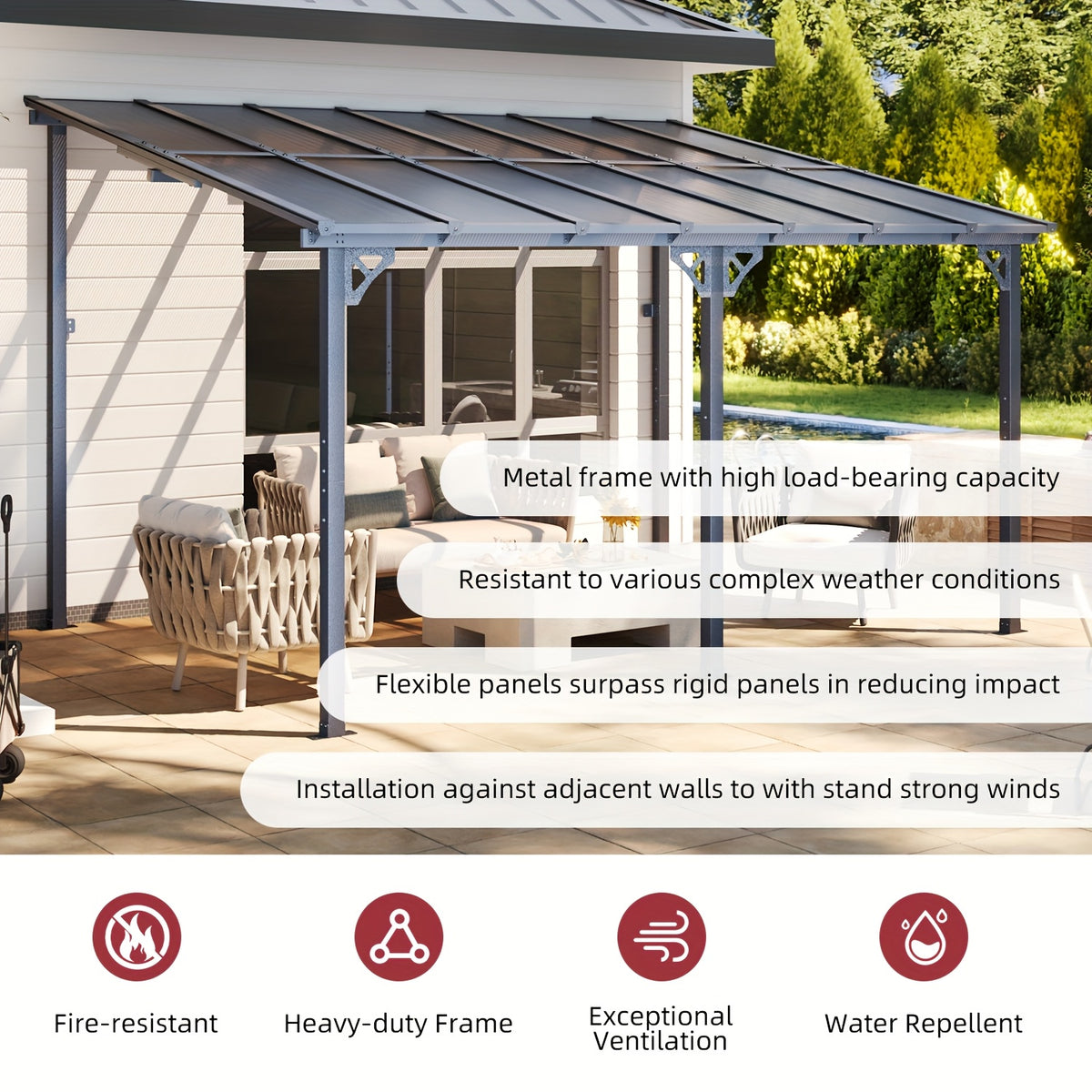 Wall-Mounted Hardtop Gazebo with Polycarbonate Roof — Lean-To Aluminum Patio Cover in Five Size Options