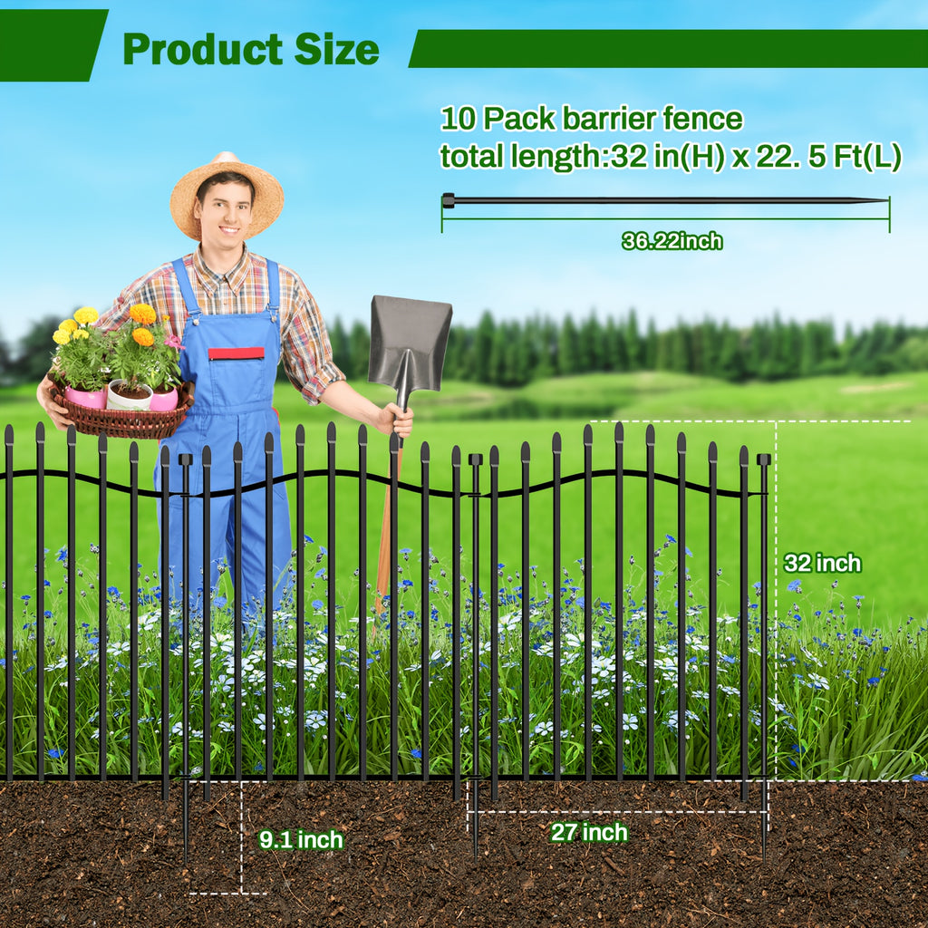 [3D] 8/10 Panels No Dig Decorative Garden Fence with Gate - 32/40in H, Tall Heavy-Duty Square Tube Animal Barrier, Rustproof Dog Fence for Outdoor Yard & Patio Protection