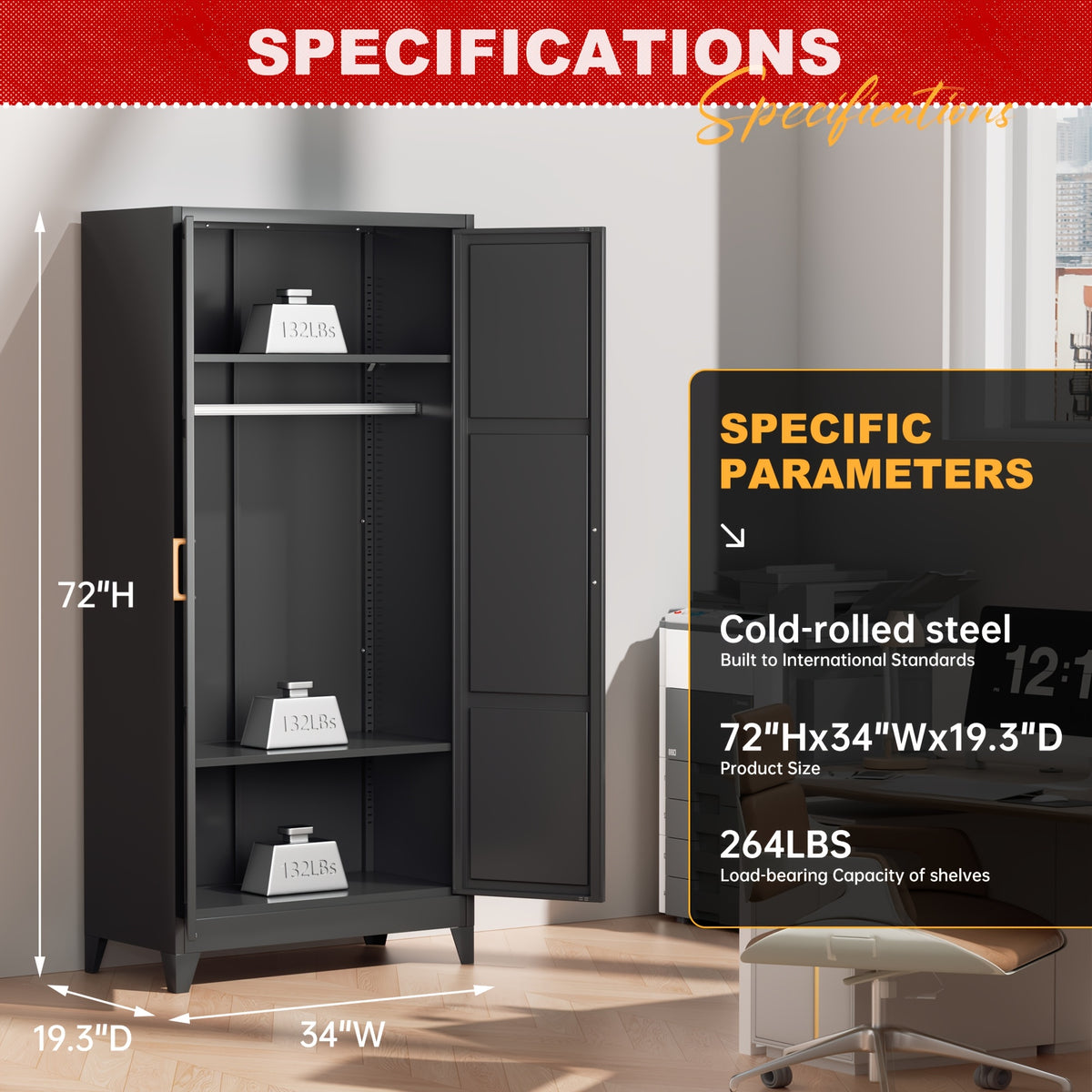 71" Tall Metal Wardrobe Cabinet, Closet Organizer With Hanging Rod, Heavy Duty Storage Cabinet For Home, Bedroom, Laundry Room, Office, Gym