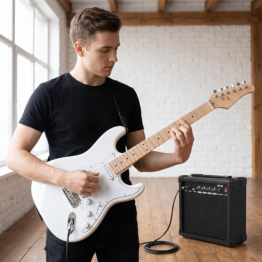 Electric Guitar Amp Set S-S-H Pickup Configuration, Maple Fretboard, White Finish with White Pickguard Christmas Gift/ Holiday Essential