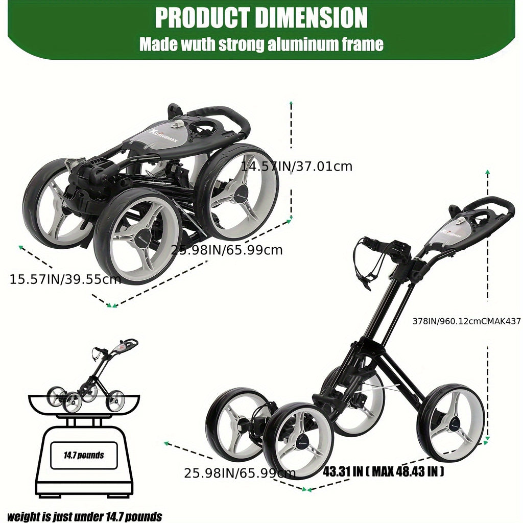 XDriveMax 4-Wheel Golf Push Pull Cart Foldable, One-Click Folding. Designed For Golf Clubs And Bags, Enhanced Storage