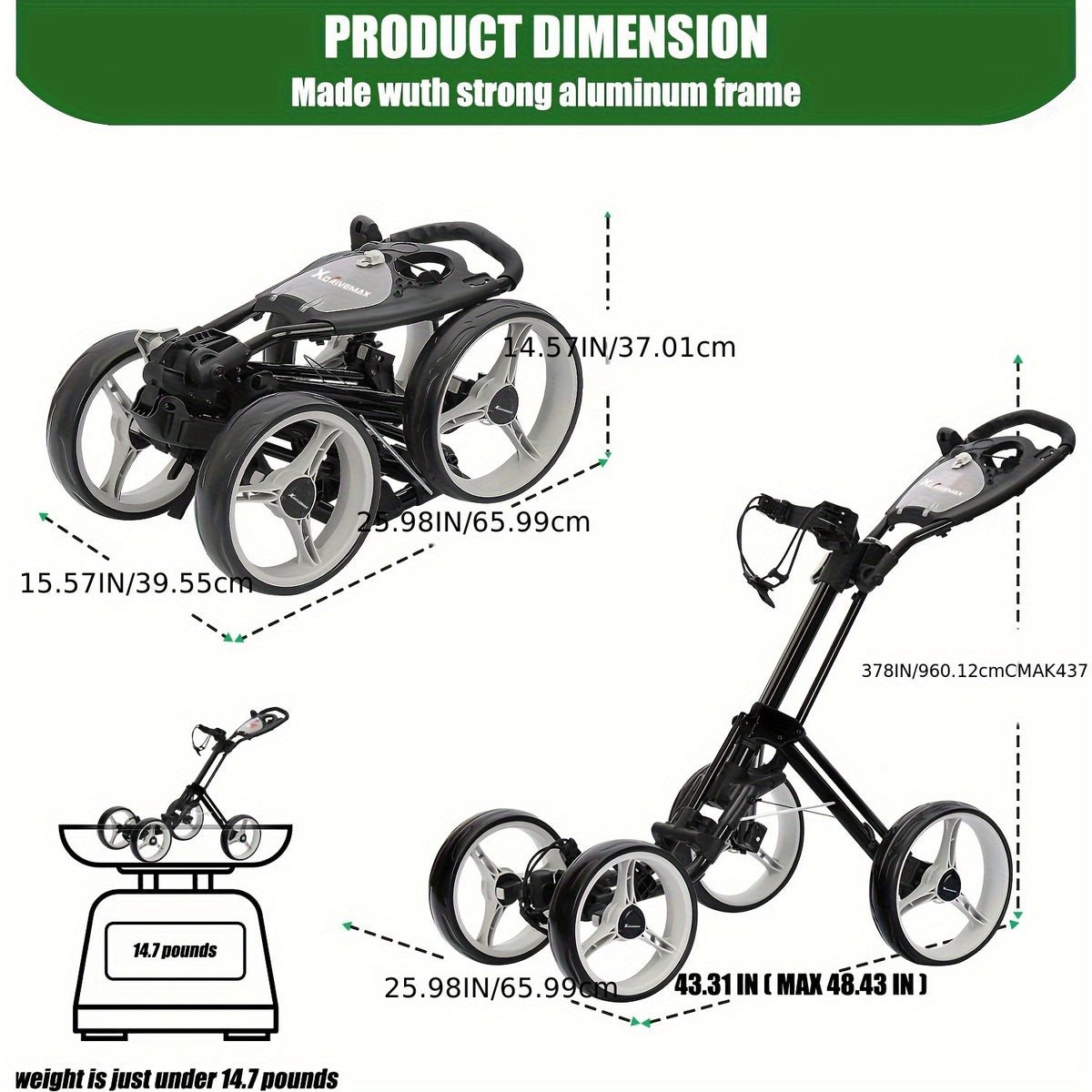 XDriveMax 4-Wheel Golf Push Pull Cart Foldable, One-Click Folding. Designed For Golf Clubs And Bags, Enhanced Storage