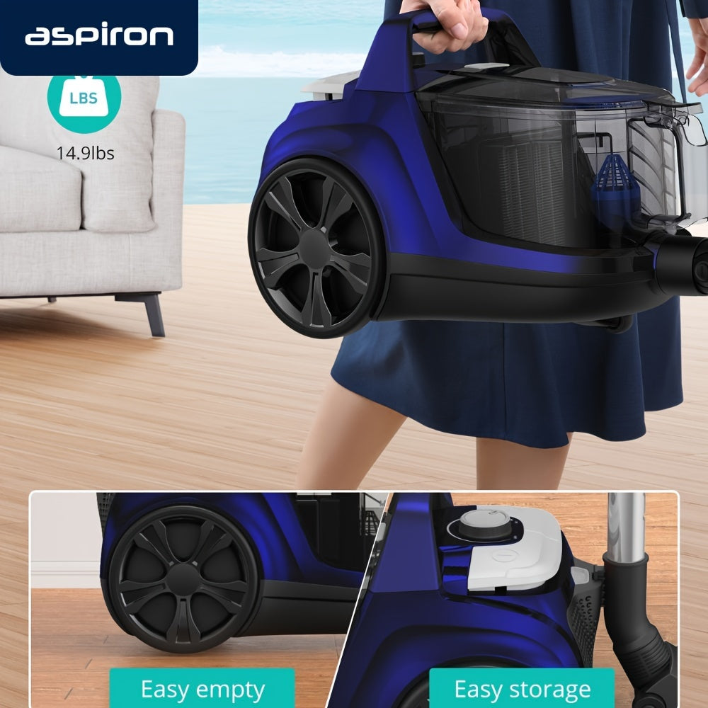 [Lightweight HEPA Vacuum] Aspiron 1200W Bagless Canister Vacuum Cleaner, Lightweight with HEPA Filter, 3.7QT Capacity, Automatic Cord Rewind, 5 Attachments, Ideal for Pet Hair, Hard Floors, and Carpets AS-CA006
