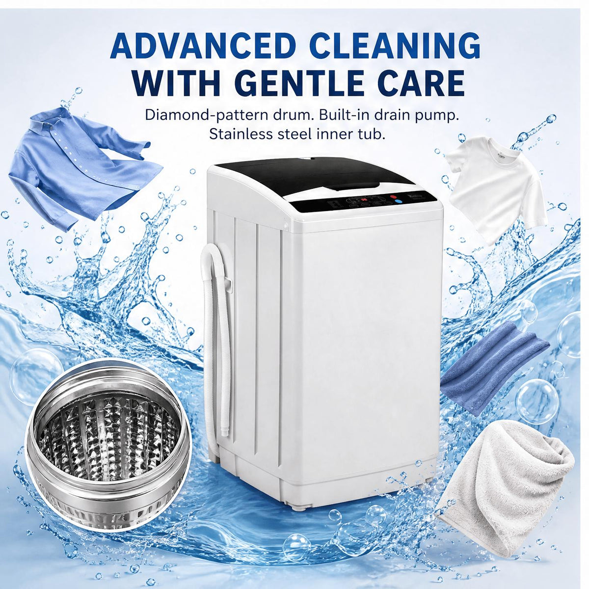 Full Automatic 2 in 1 Top Load Portable Washing Machine and Dryer Combo with Drain Pump 15.6/17.6/17.8/25Lbs Capacity 10 Wash Programs 8 Water Levels Compact Washer Dryer for Apartment RV Camping Small Living Space Travel Outdoor Home Use