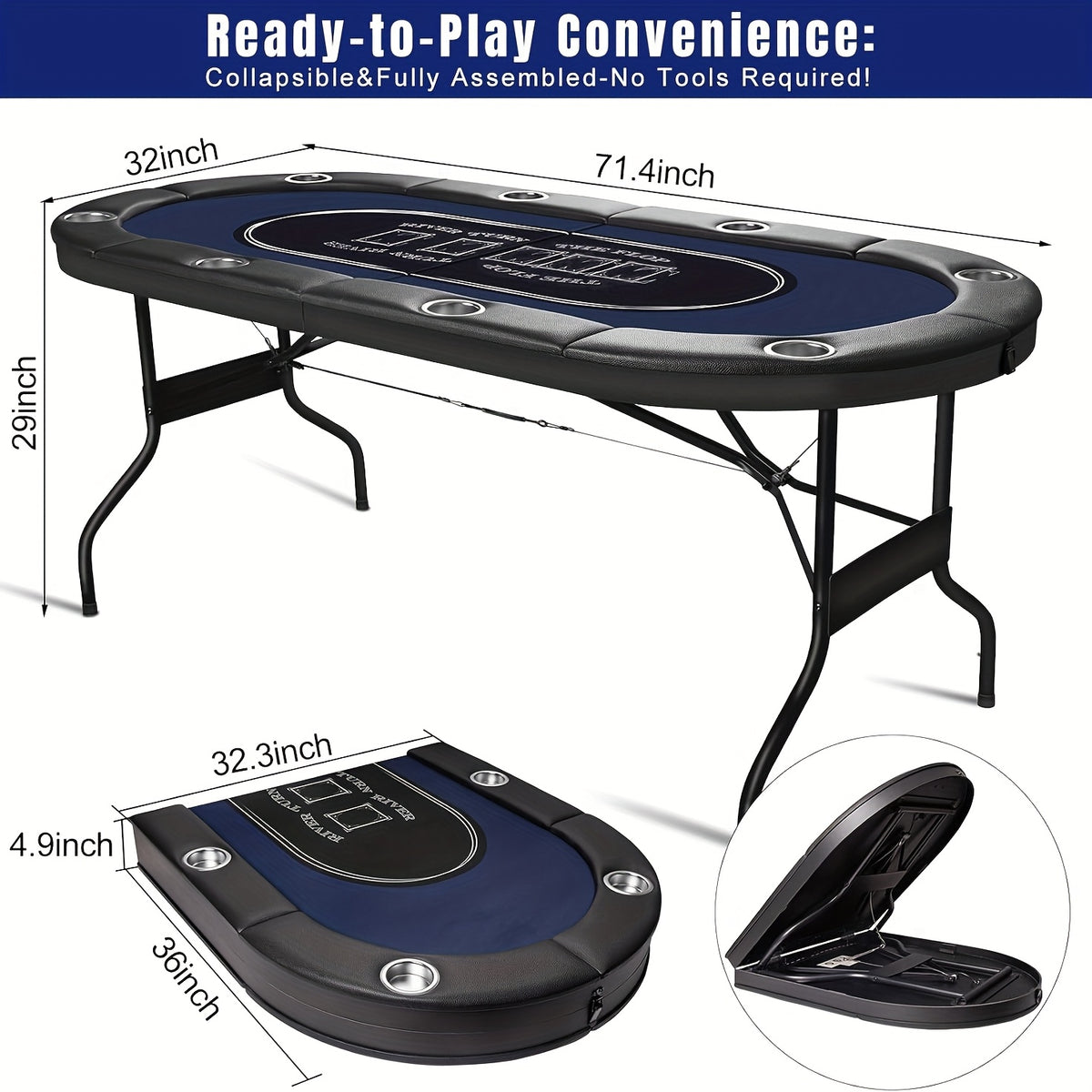 Extra Long Table - Heavy-Duty Foldable Poker Table with Padded Rails & Cup Holders - Extra Large 71-Inch Party Game Table, Sturdy Steel Frame, Portable with Folding Legs for Home, Poker Nights, Tournaments, for family Game Nights - Ideal for Adults