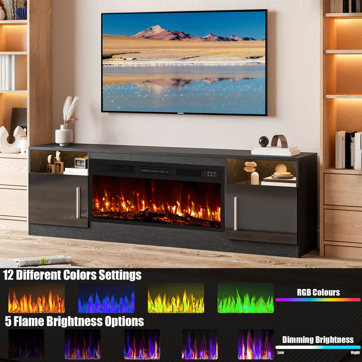 70“ Fireplace TV Stand with 36" Electric Fireplace Up to 80" TVs, Led Entertainment Center with High Glossy Doors, Modern Wood Media TV Console for Living Room