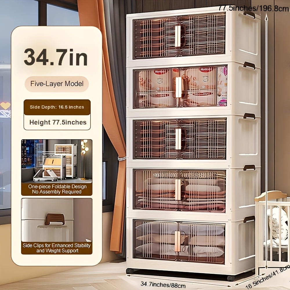 1/3/4/5-Tier 34.7" Extra-Large Folding Storage Trunks with Lids, Stackable Plastic Bins on Wheels, Collapsible Organizer for Closet, Bedroom, Office, Kitchen, And More - Foldable Storage Lockers And Room Decor