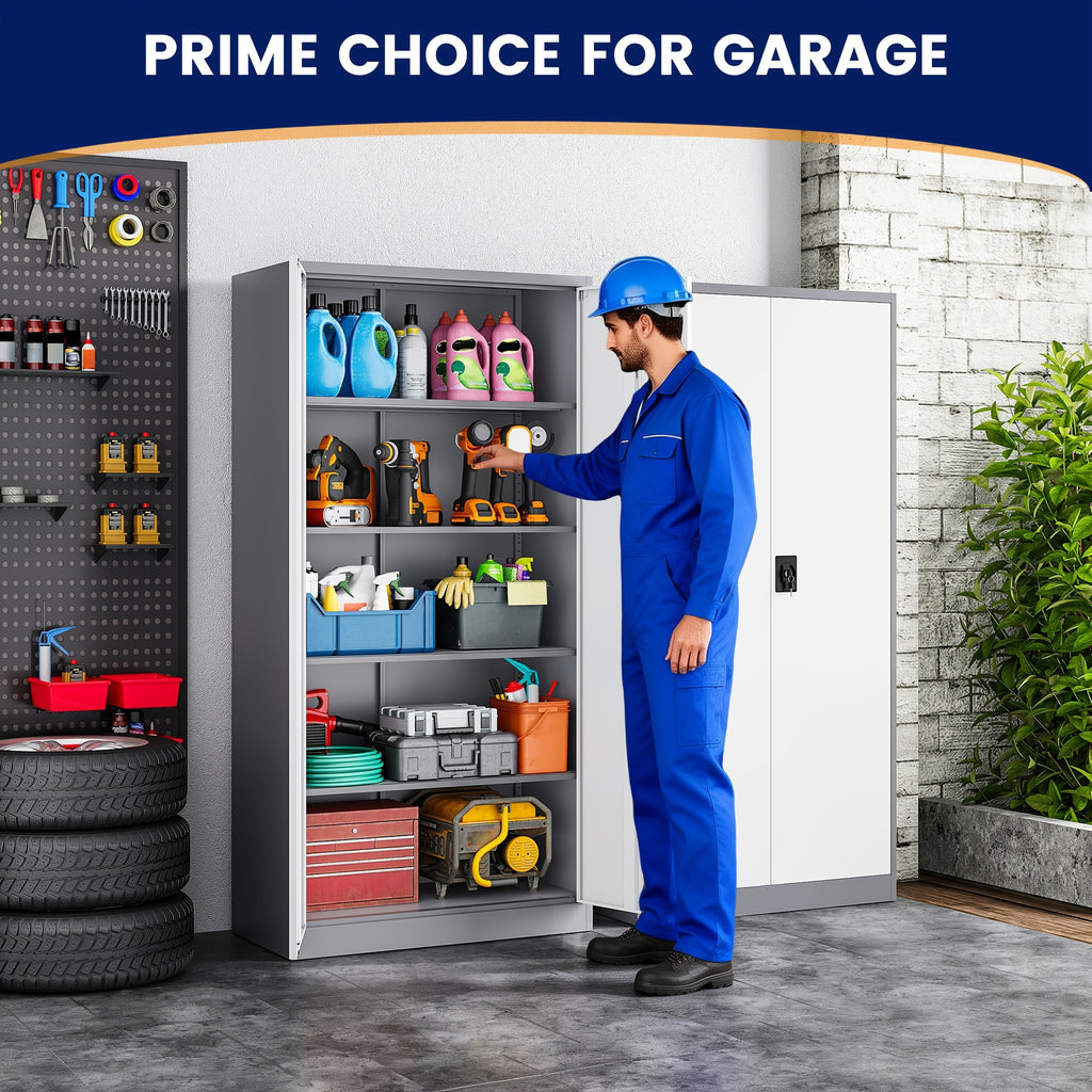 75-Inch Garage Storage Unit: Features 2 Doors, Wheels, 4 Adjustable Shelves, And a Lock. Ideal for Workshops, Homes, Or Offices. Sturdy And Easy to Move