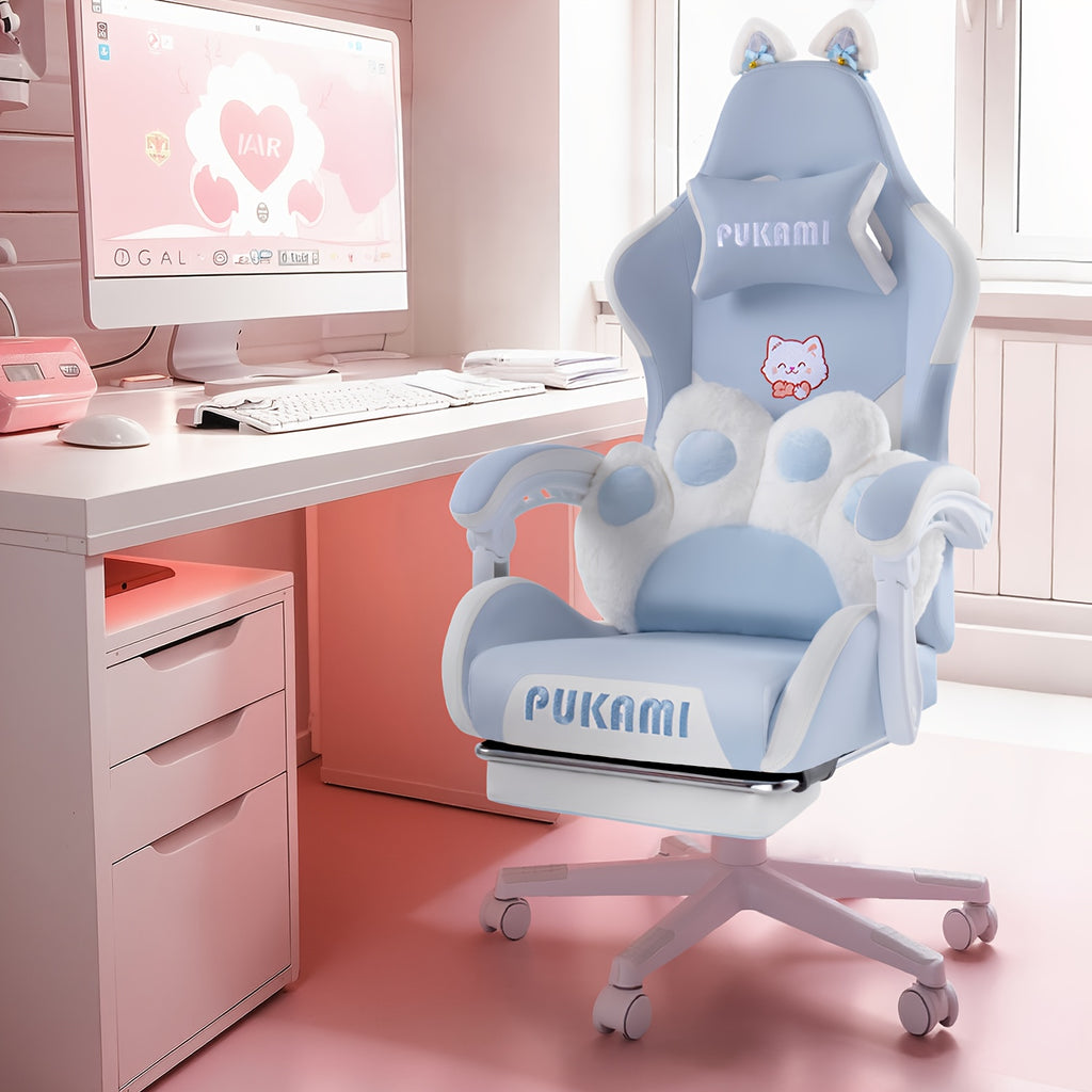 Adorable Pink Gaming Chair Featuring Cat Ears And a Paw-Shaped Lumbar Cushion, Designed Ergonomically For, Complete with a Footrest And Headrest, Providing a Cozy Reclining Experience for Both Adults And Teens