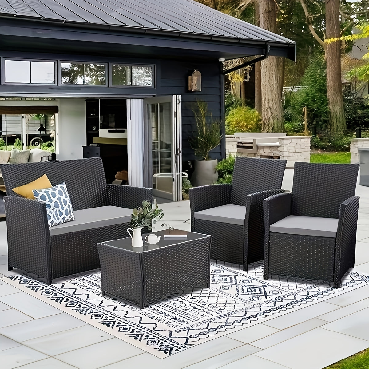 Outdoor Sectional Sofa Set with Tempered Glass Table — 4-Piece PE Wicker Patio Conversation Set