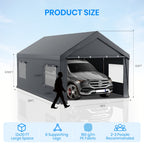 10x20ft Heavy Duty Carport Canopy with Removable Sidewalls, Portable Garage Tent with Roll-Up Windows & Doors, Car Port with All-Season Tarp for Cars, Boats, Trucks
