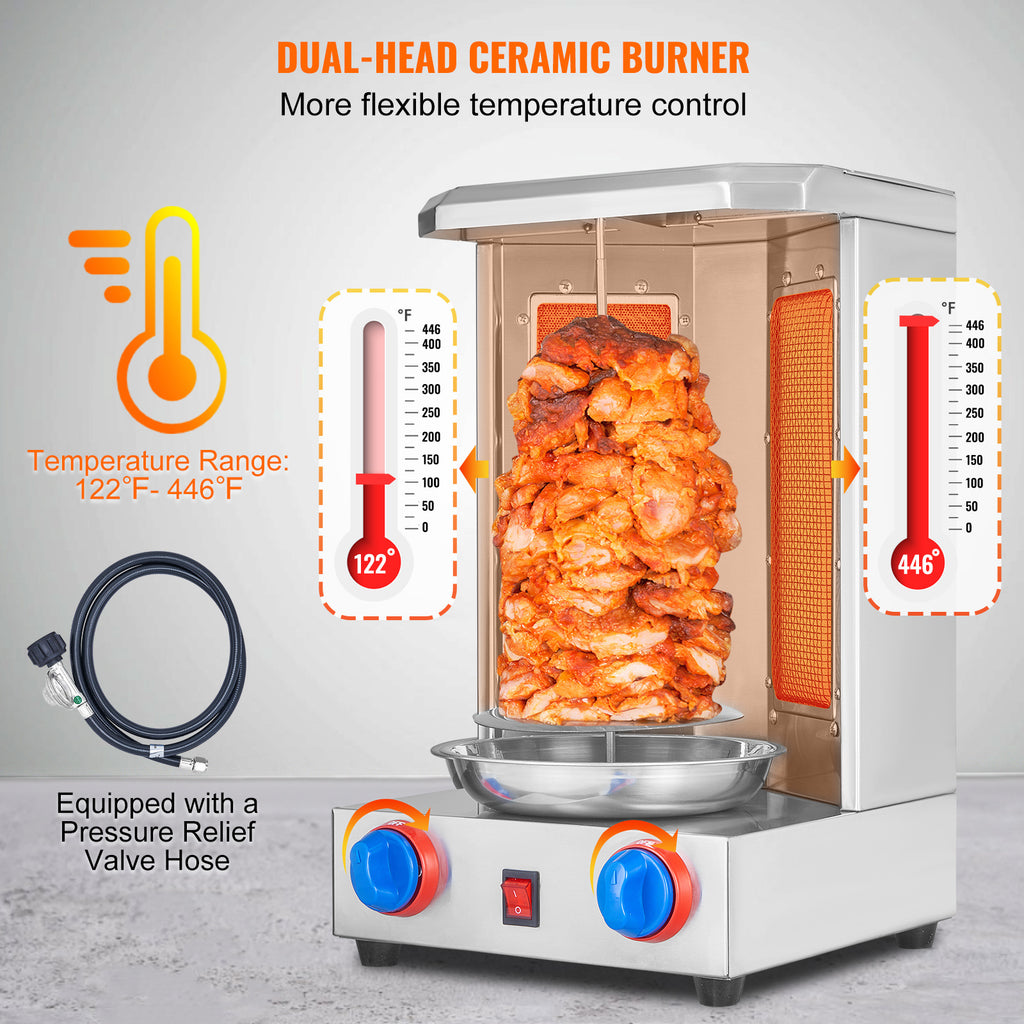 VEVOR Stainless Steel Shawarma Grill Machine Vertical Gyro Rotisserie Doner, Electric/Electric heating type/Gas (propane)