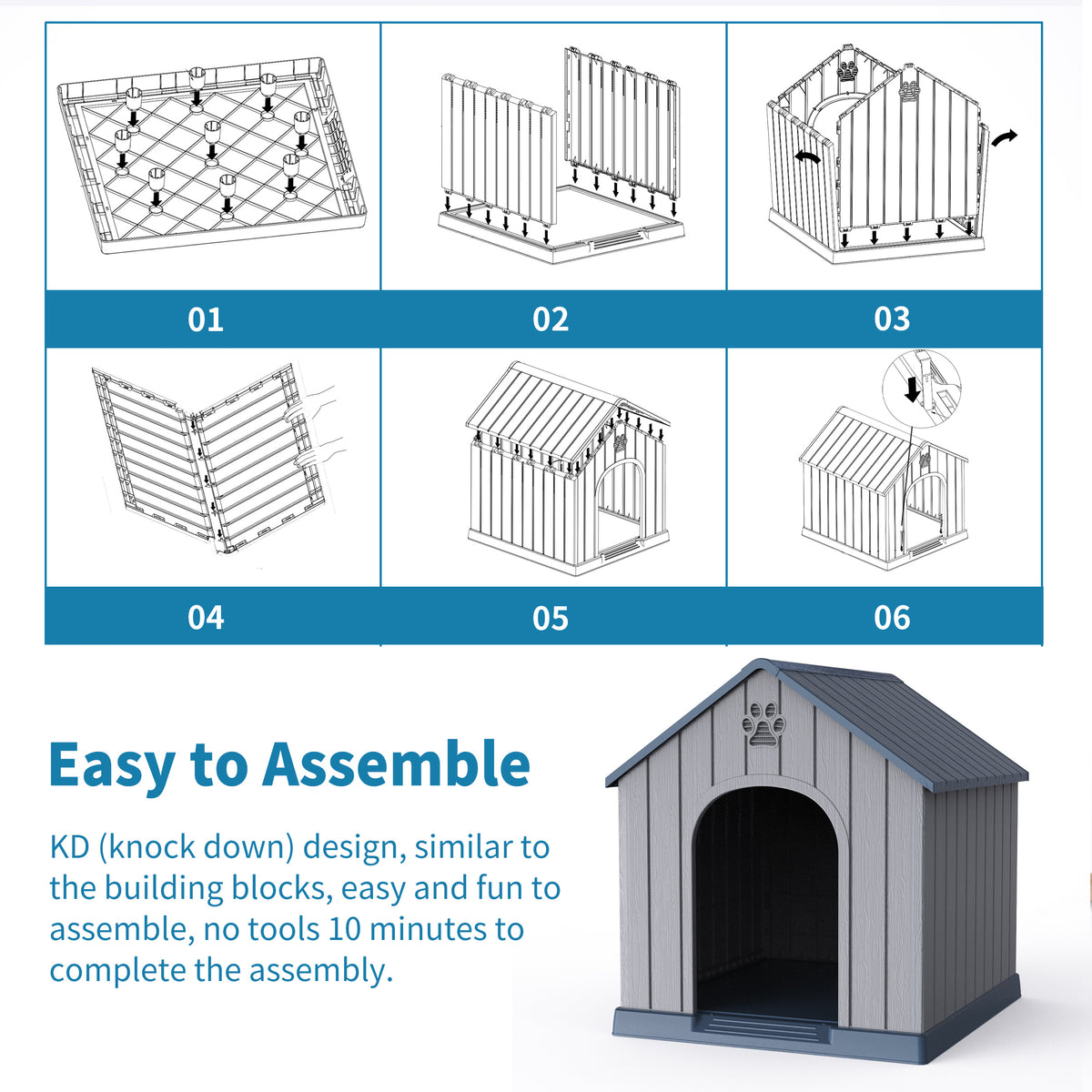 Super Big XXL 38" Outdoor Dog House For Small To Large Dogs Weatherproof Resin Pet Shelter With Peaked Roof, Raised Floor& Decorative Cut-Outs Easy Assembly Indoor/Outdoor Use Spacious Winter House For Christmas, Outdoor Weatherresistant Constructio