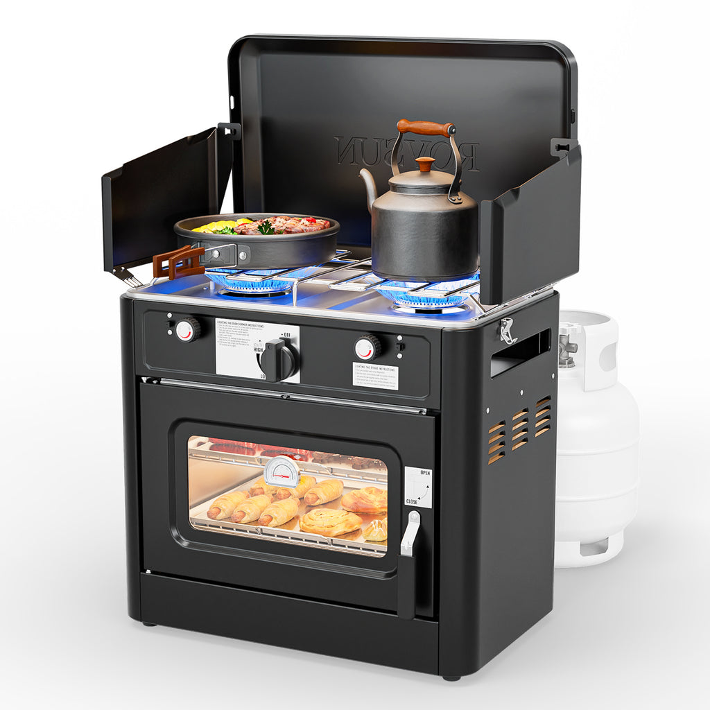 MEFEIR 2-in-1 Camping Stove with Propane Oven, Portable 2 Burner Stove & Outdoor Oven Combo with Auto-ignition & Thermometer for Camping Backyard Picnic