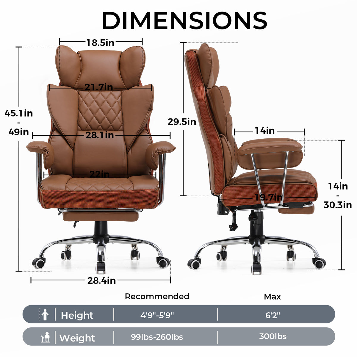 Executive Office Chair for Heavy People, Gaming Chair, Ergonomic Wide Desk Computer Chair with Pocket Spring Lumbar Support, Footrest, Outward Fixed Soft Armrests, High Back PU Leather, Height Adjustable, Big and Tall