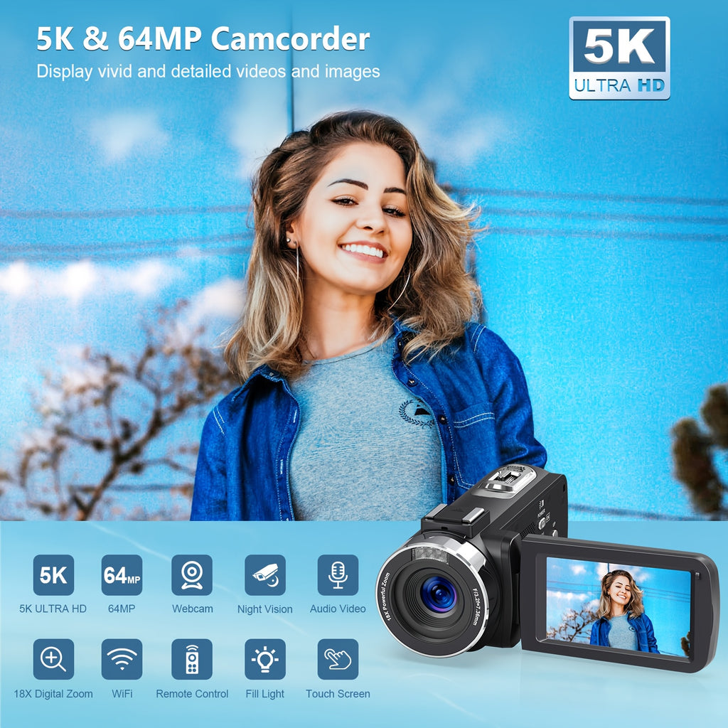 DINGETU 5K Video Camera Camcorder, 64MP WiFi Vlogging Camera for YouTube with IR Night Vision, 18X Digital Zoom, 3" Touch Screen, Webcam, Microphone, Remote Control & 2 Batteries