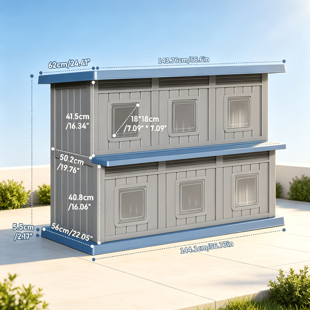 2-Tier Outdoor Cat House, Weatherproof Cat Shelter with 6 Doors & Ventilation, All-Weather Cat Apartment for Stray/Indoor Cats, Perfect for Backyard, Garden, Patio, 2 Colors Available, Grey-Black And Grey-Blue