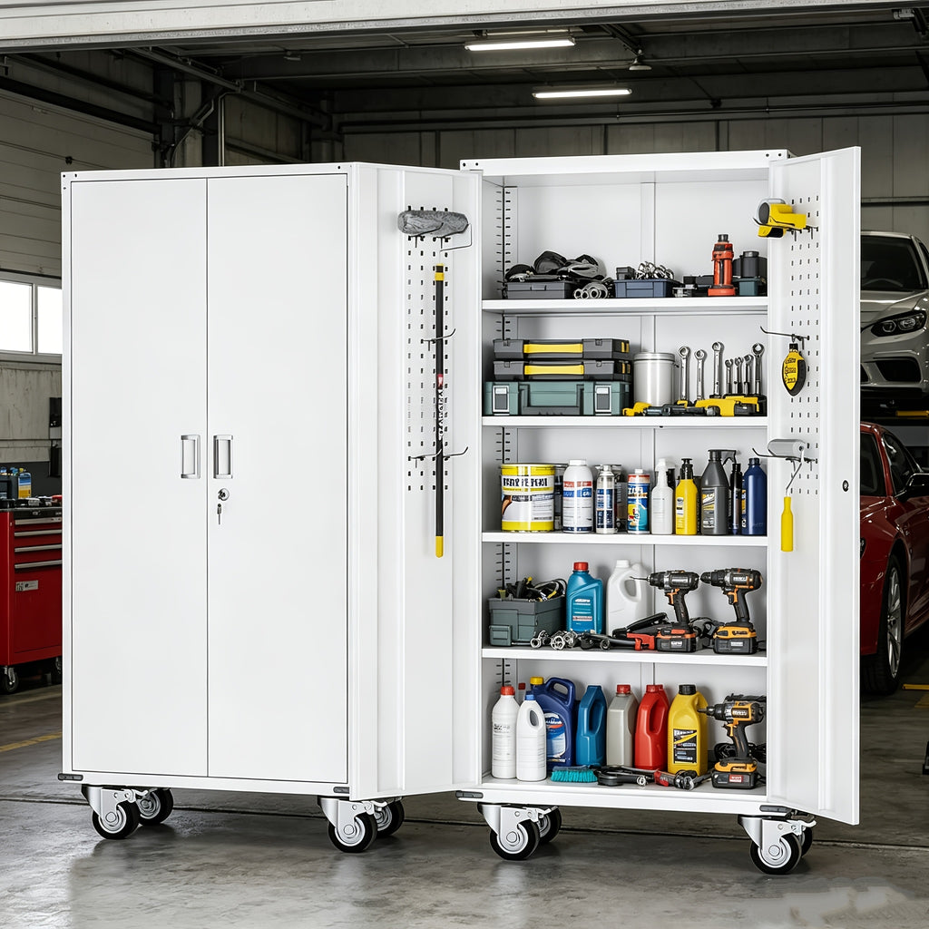 Metal Storage Cabinet with Wheels, Pegboards, Locking Doors And 4 Adjustable Shelves, 71"H/72"H/73"H Tool Cabinet for Garage, Home, Basement, Kitchen