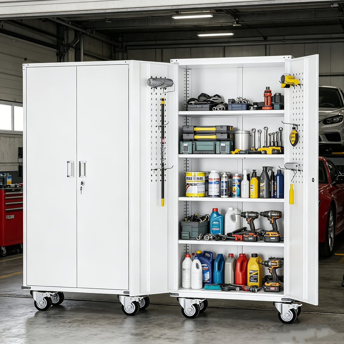 Metal Storage Cabinet with Wheels, Pegboards, Locking Doors And 4 Adjustable Shelves, 71"H/72"H/73"H Tool Cabinet for Garage, Home, Basement, Kitchen
