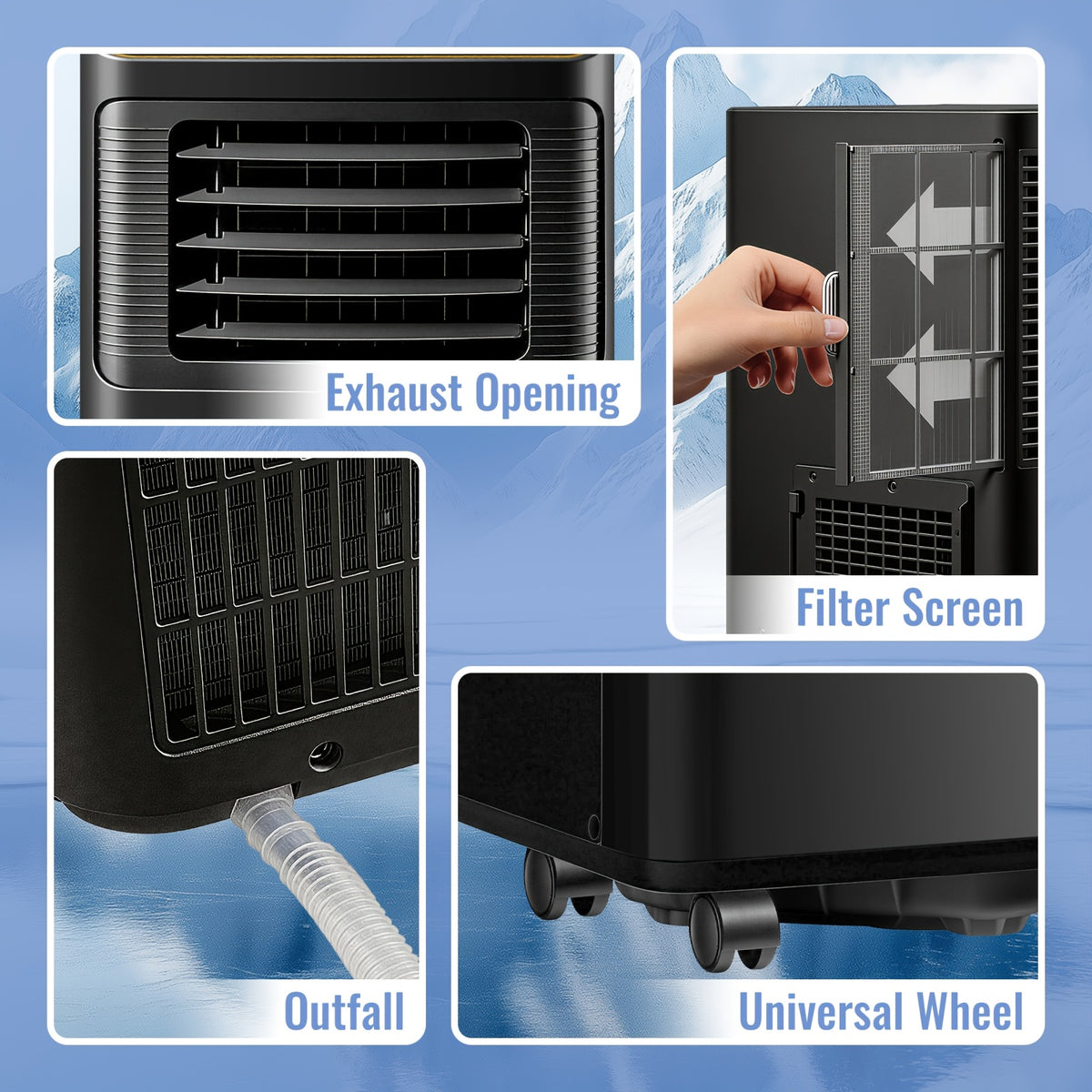 8000 BTU Portable Air Conditioner for Rooms Up to 250 Sq.Ft, 3-in-1 Mobile AC Unit with Dehumidifier, Cooling Fan, Sleep, Remote, 24H Timer, Window Installation Kit, Black & White