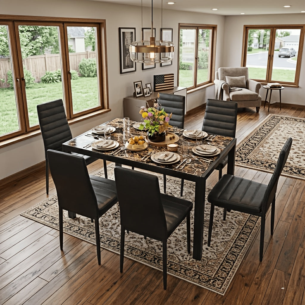 Modern 7pcs Glass Dining Table Set: 51" Rectangular Kitchen Table with 6 Ergonomic PU Leather Chairs for Dining Room & Living Room