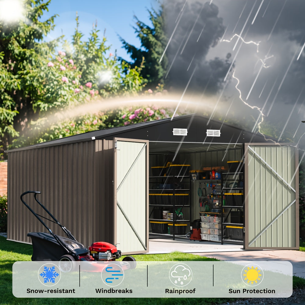 GUNJI Heavy-Duty 10X14 FT & 5X3 FT Metal Garden Shed With Double Hinged Large DoorSecure Tool Sheds & Backyard Organization For Outdoor Storage Solutions, Patio Storage, Garbage Can, Chicken Coop