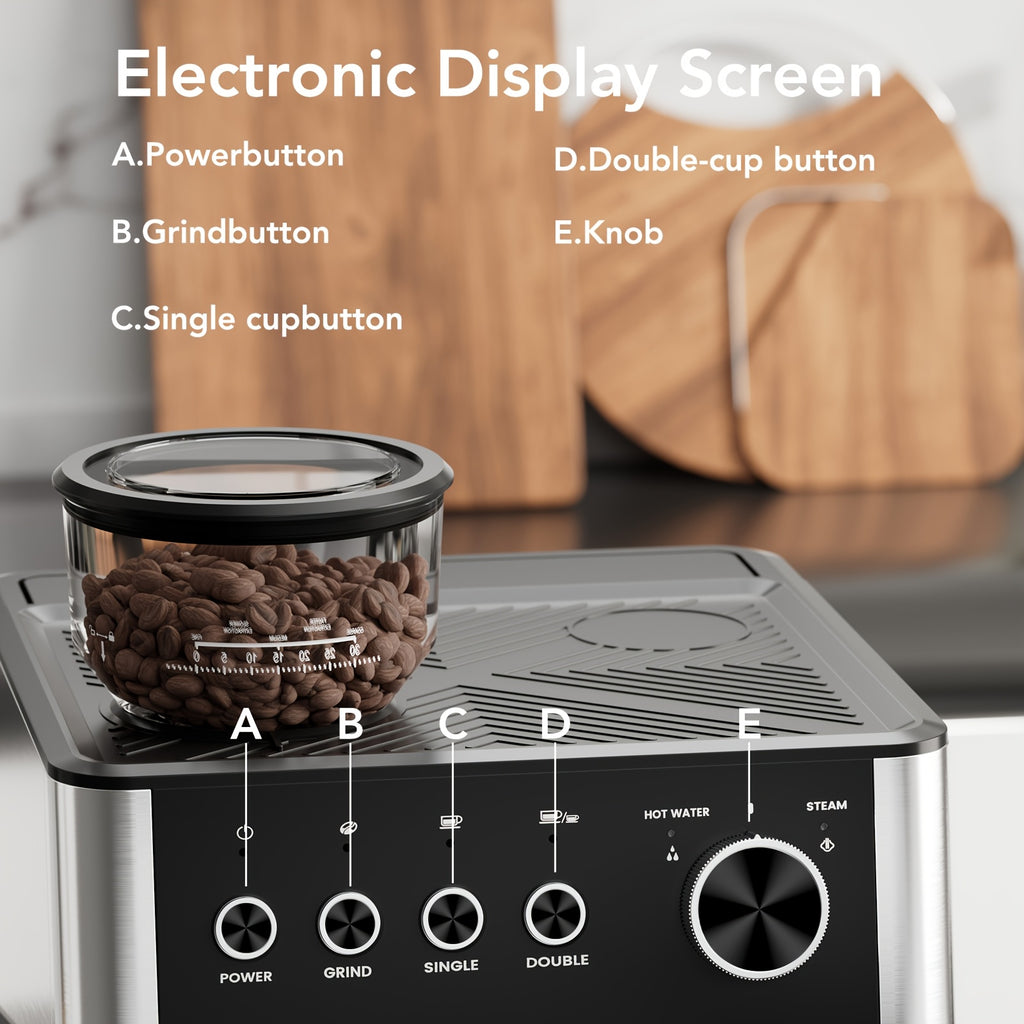 All-In-One Espresso Machine With Built-In Grinder, 15-Bar Pressure, Steam Milk Frother Wand, Cappuccino & Espresso Maker With Hot Water Dispenser