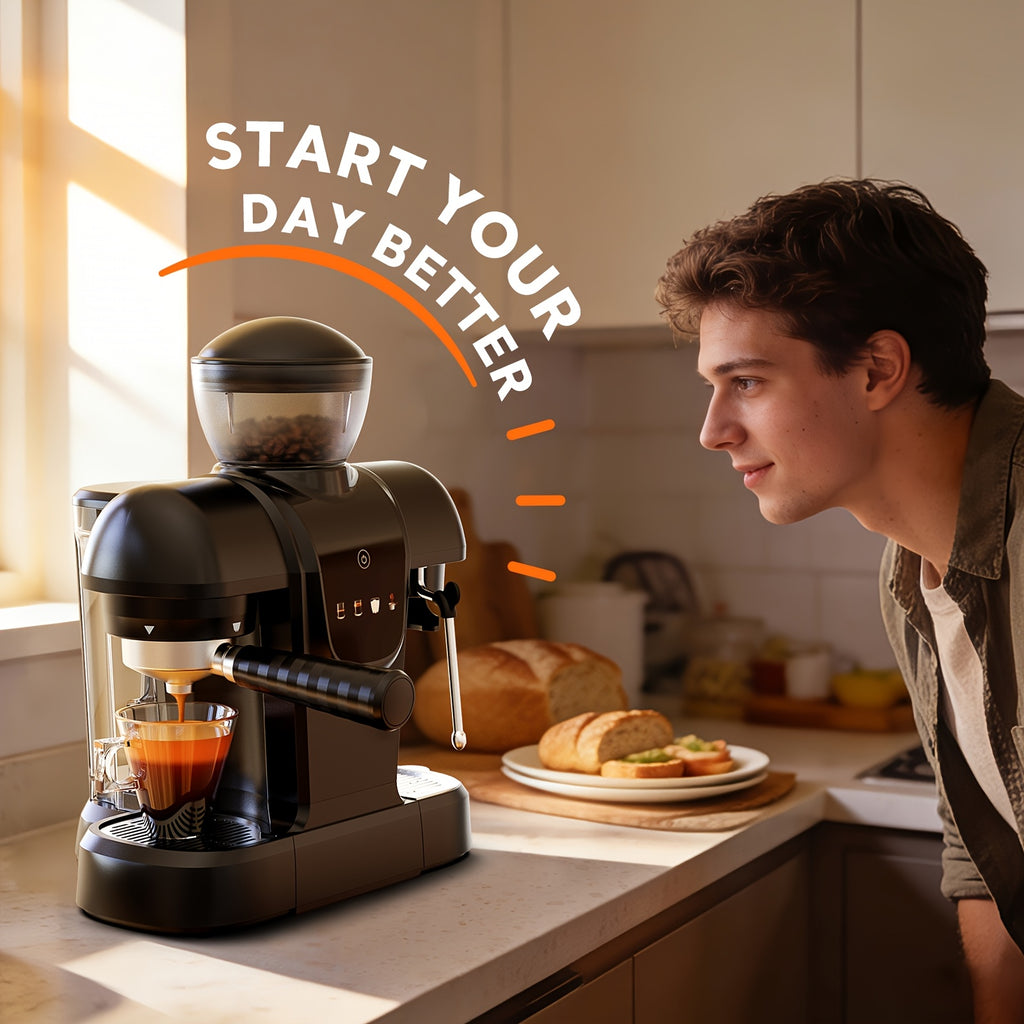 Italian Espresso Machine with 19-Bar Pressure and Conical Burr Grinder for Cappuccinos and Lattes