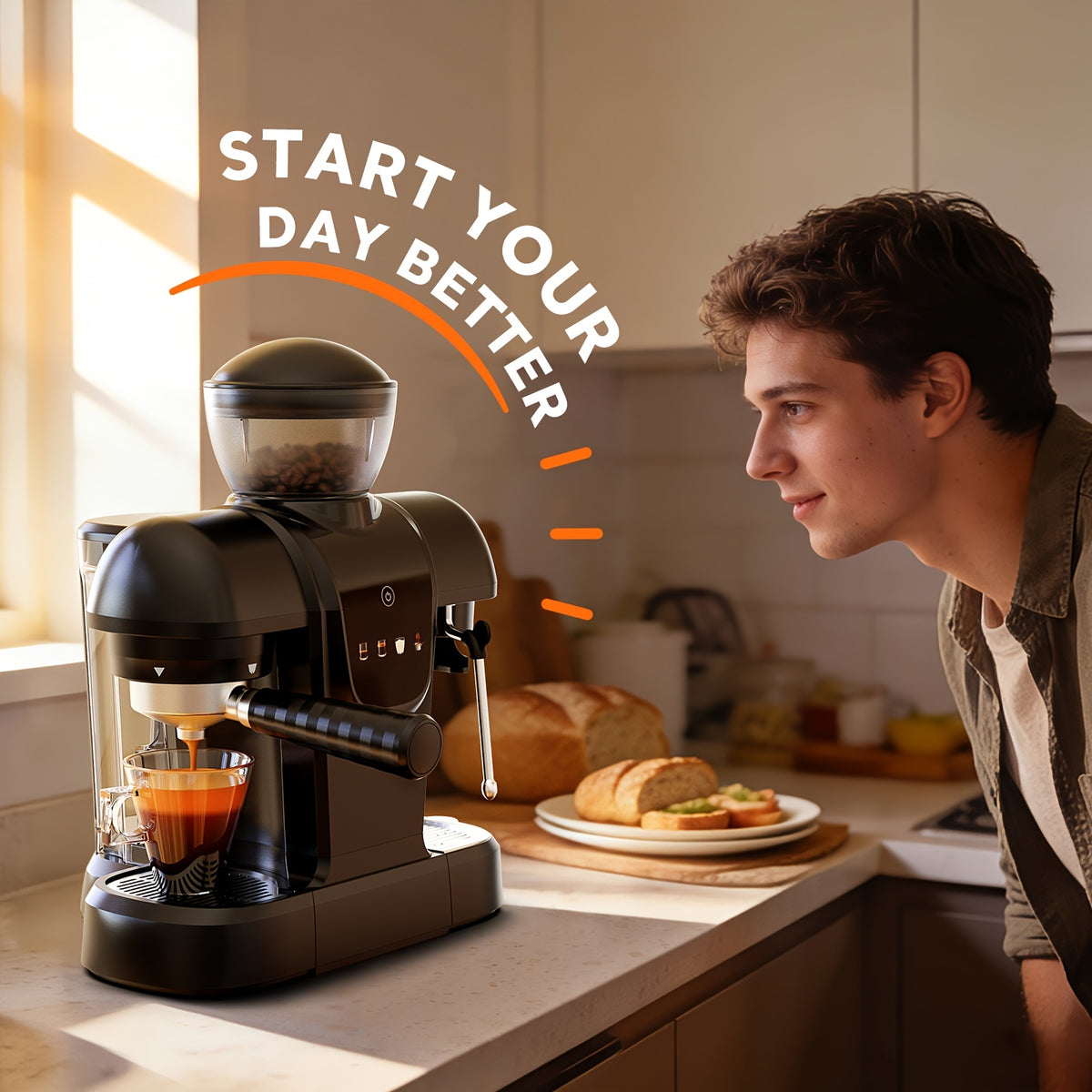 Italian Espresso Machine with 19-Bar Pressure and Conical Burr Grinder for Cappuccinos and Lattes