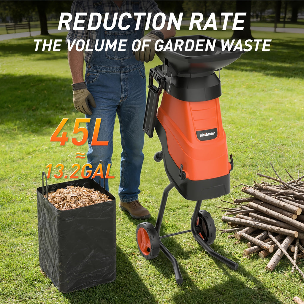 Maxlander 15-Amp Heavy-Duty Electric Wood Chipper, 11.89gal Corded Leaf Shredder, 1.75Inch Cutting Capacity, Corded Chipper With Collection Bag, Wood Chippers, Shredders, & Mulchers, Yard Waste Mulcher For Branches And Twigs
