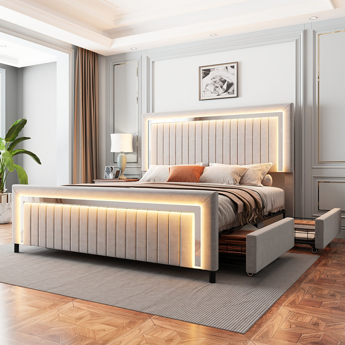 LUXOAK Queen Size LED Platform Bed Frame With Upholstered Design, Featuring 4 Storage Drawers, Vertically Channeled Adjustable Headboard, Box Spring Not Required
