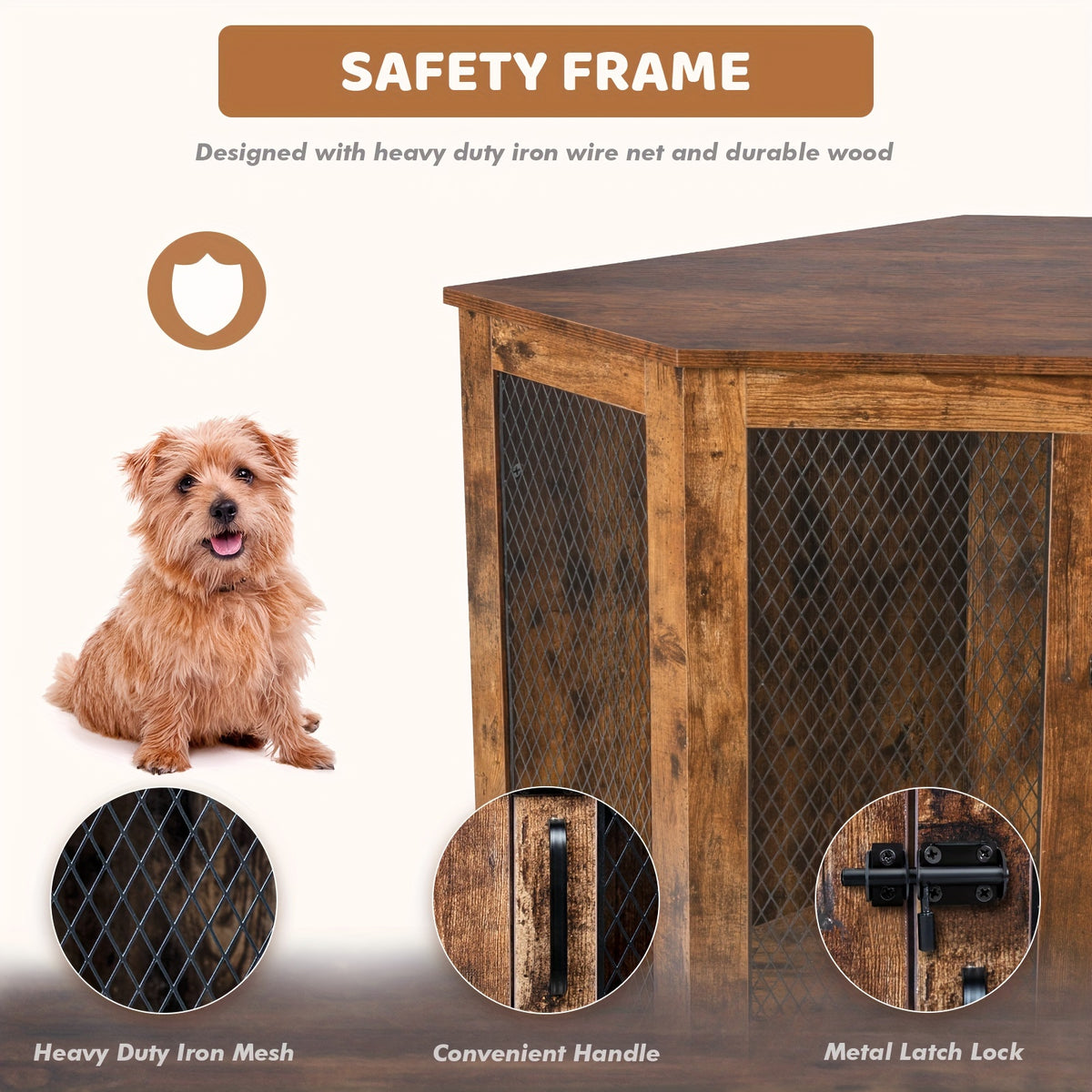 Corner Dog Crate Furniture, 44 Inch Wooden Dog Kennel End Table with Mesh, Decorative Pet Crate Dog House for Large/Medium/Small Dog Indoor Use