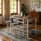 3pcs Dining Room Table Set with Faux Leather Upholstered Bar Stools, Modern Farmhouse Style Dining Table Set with Multiple Tier Storage Shelves, MDF Table Top and Metal Frame, Counter Height Breakfast Nook Table Set for Small Spaces Family