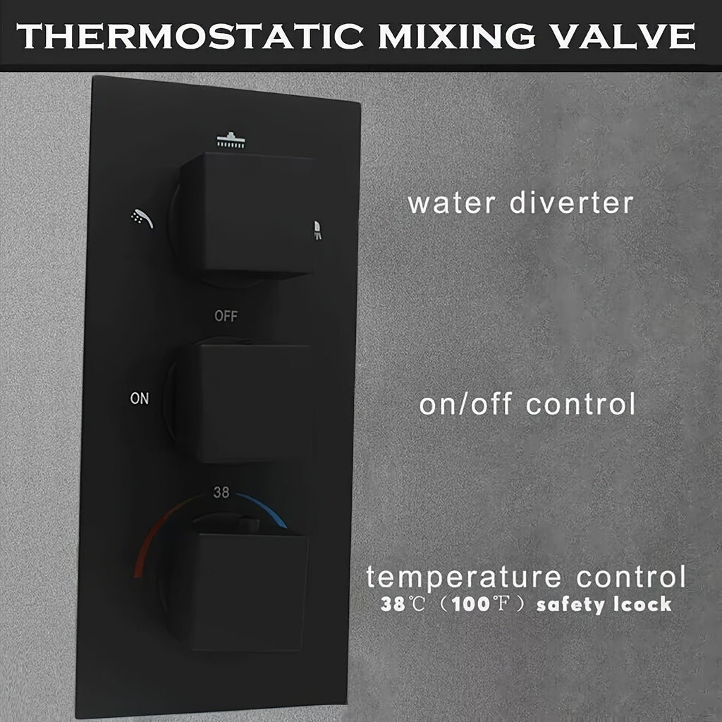 Thermostatic Shower System Set, Featuring a 14X20 Inch LED High-Pressure Rainfall Shower Head, a Luxurious Bathroom Combo with a Handheld Sprayer And Six Massage Body Jets, Including Rough-In Valve Body And Trim, Bathroom Additions in Matte Black