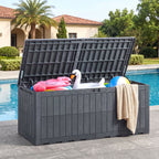 180 Gallon Wicker Deck Box, Weatherproof Lockable Storage Bench with Faux Wood Grain for Patio Cushions Garden Pool Supplies, Box, Cabinet, Rack for Outdoor Storage