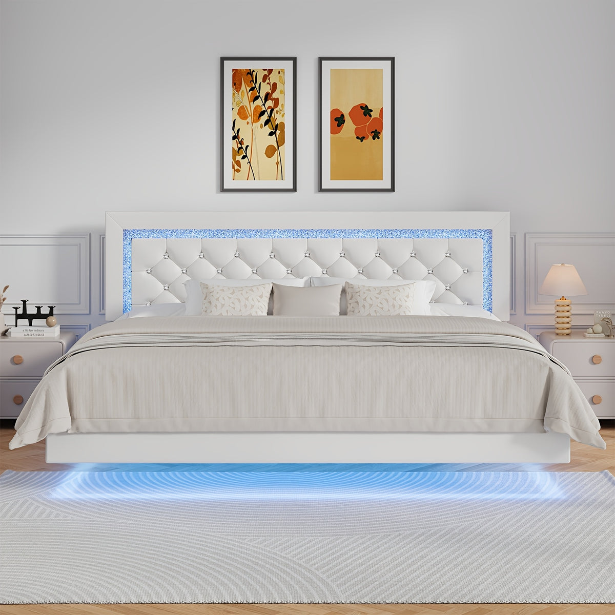 Twin Full Queen King Size Floating Black/White/Pink Bed Frame with LED Lights, Platform Bed with Diamond Tufted Headboard, Wood Bed Frame, Bed Frame Queen Size No Box Spring Needed, Noise Free, Easy Assembly, Black/White/Pink