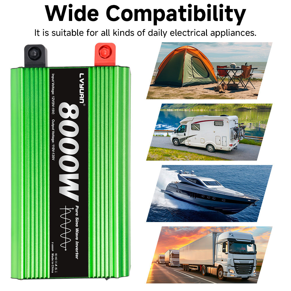 Pure Sine Wave Inverter 8000 Watt (Peak) Vehicle Power Inverter, Converts 12 Vdc to 110 Vdc to 120 Vdc, with LCD Display, Remote Control and Troubleshooting, 4 US Sockets for Car Onboard Chargers, for Home Solar Systems, RV's, and Vans, without Batteries